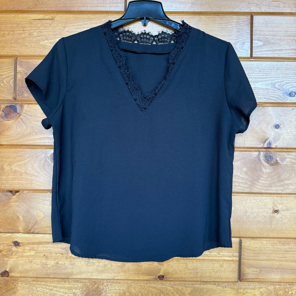 Black Lace Trim V-Neck Women’s Shirt